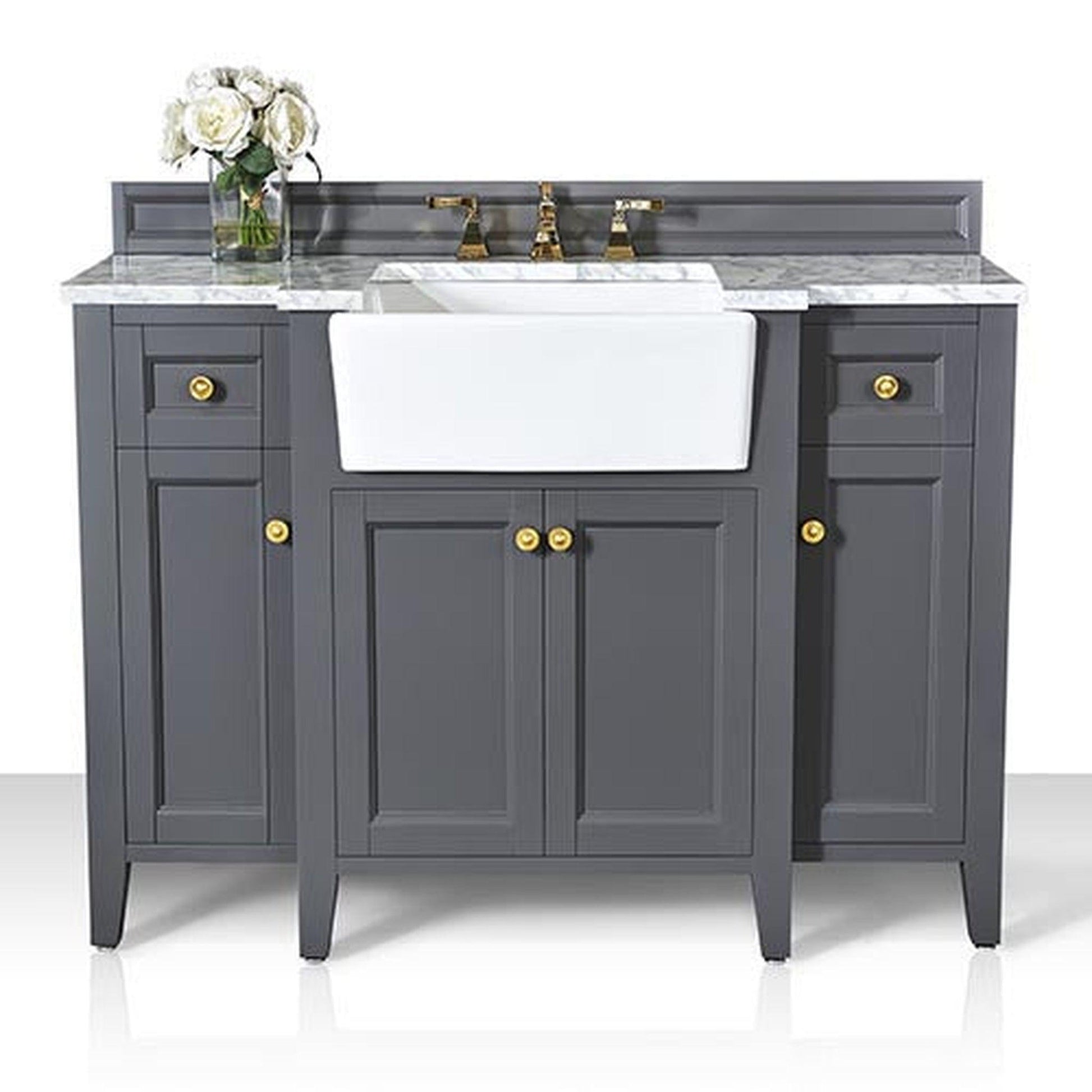 Ancerre Designs Adeline 48" Sapphire Gray 4-Door 2-Drawer Bathroom Vanity With White Marble Vanity Top, White Farmhouse Single Ceramic Sink, 4" Solid Wood Backsplash and Satin Brushed Gold Hardware