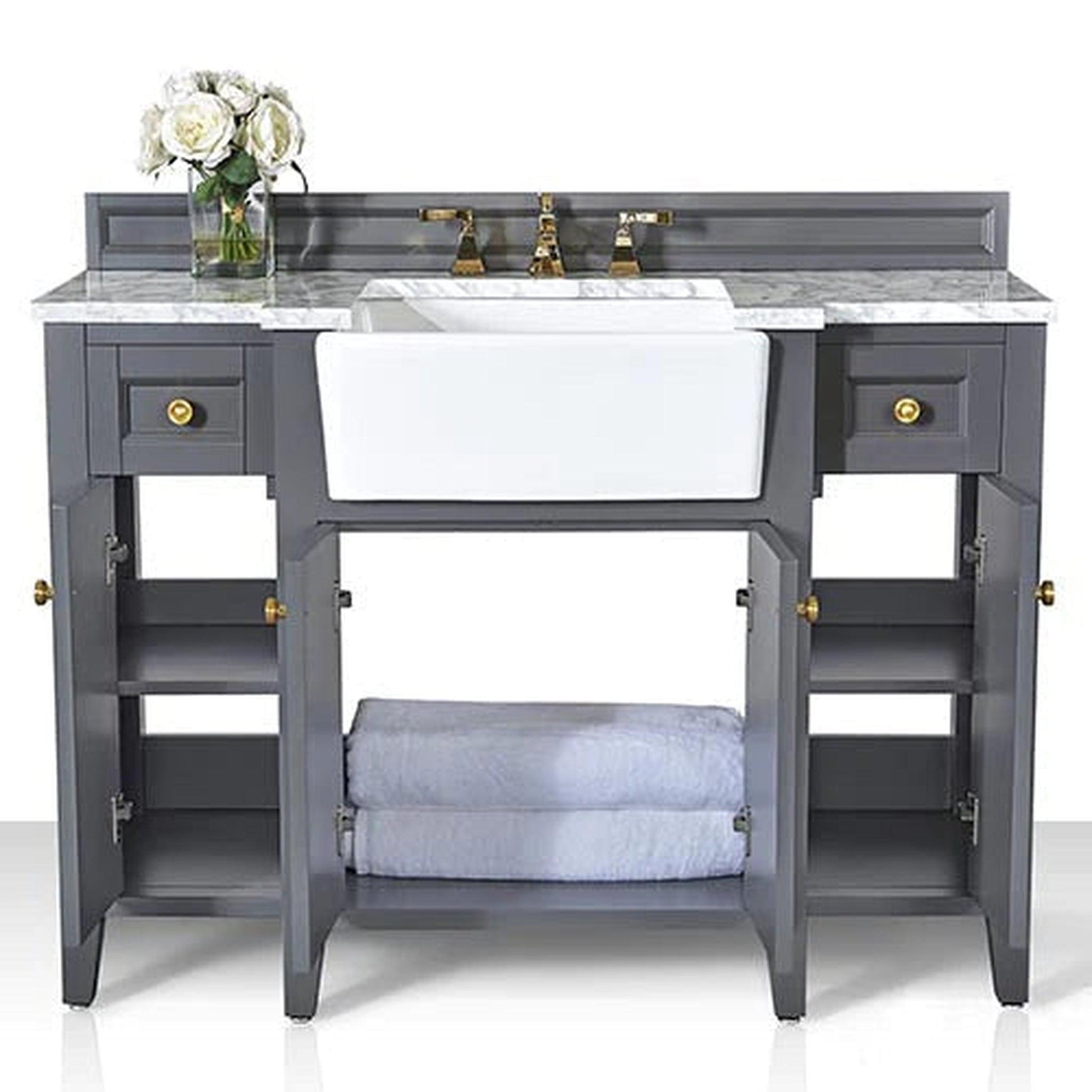 Ancerre Designs Adeline 48" Sapphire Gray 4-Door 2-Drawer Bathroom Vanity With White Marble Vanity Top, White Farmhouse Single Ceramic Sink, 4" Solid Wood Backsplash and Satin Brushed Gold Hardware