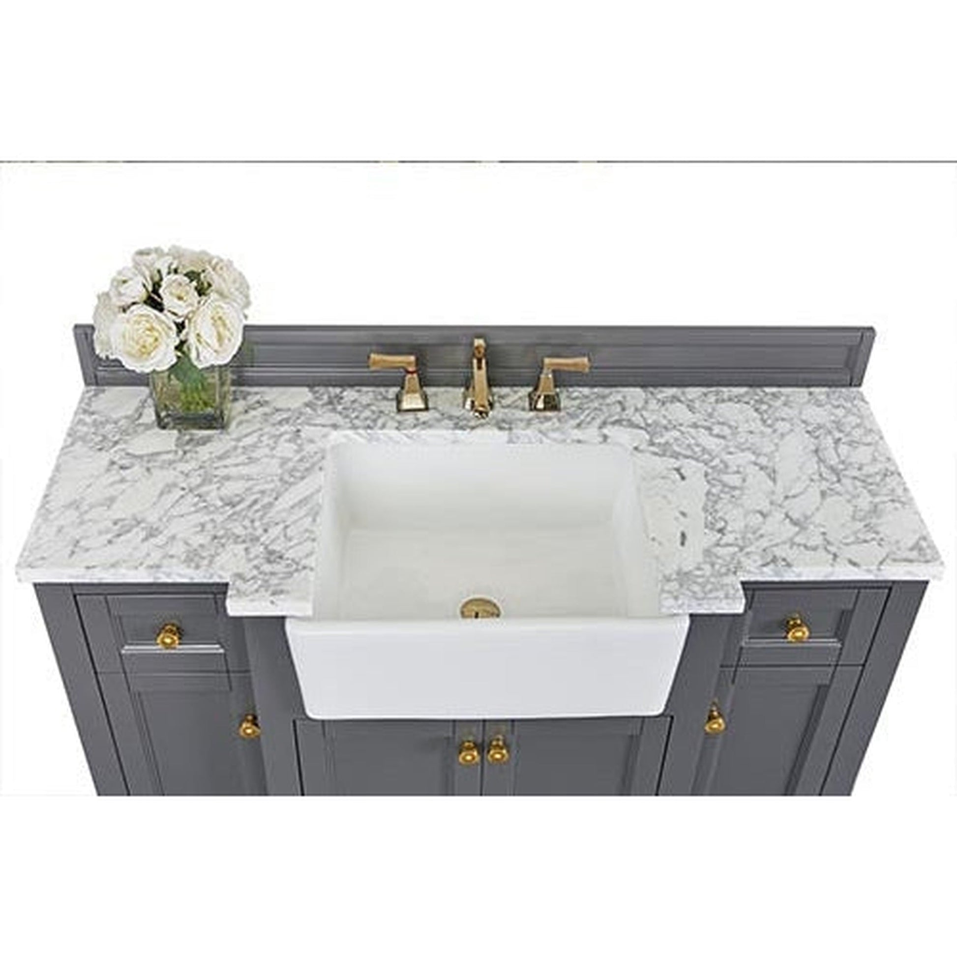 Ancerre Designs Adeline 48" Sapphire Gray 4-Door 2-Drawer Bathroom Vanity With White Marble Vanity Top, White Farmhouse Single Ceramic Sink, 4" Solid Wood Backsplash and Satin Brushed Gold Hardware