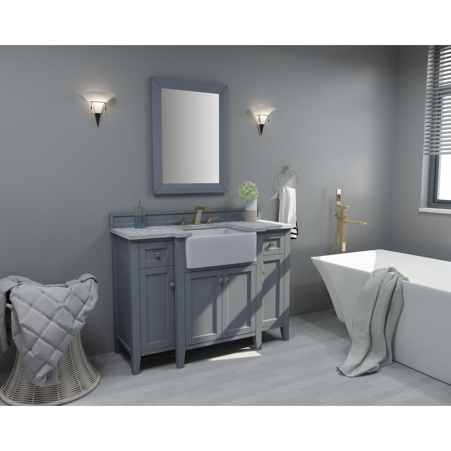 Ancerre Designs Adeline 48" Sapphire Gray 4-Door 2-Drawer Bathroom Vanity With White Marble Vanity Top, White Farmhouse Single Ceramic Sink, 4" Solid Wood Backsplash and Satin Brushed Gold Hardware