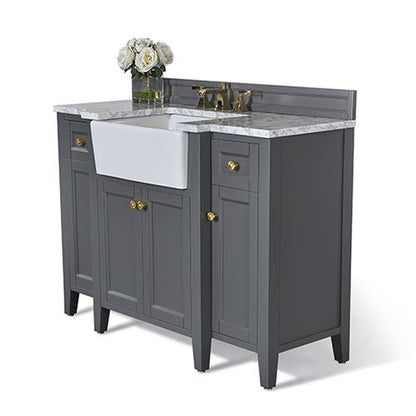 Ancerre Designs Adeline 48" Sapphire Gray 4-Door 2-Drawer Bathroom Vanity With White Marble Vanity Top, White Farmhouse Single Ceramic Sink, 4" Solid Wood Backsplash and Satin Brushed Gold Hardware