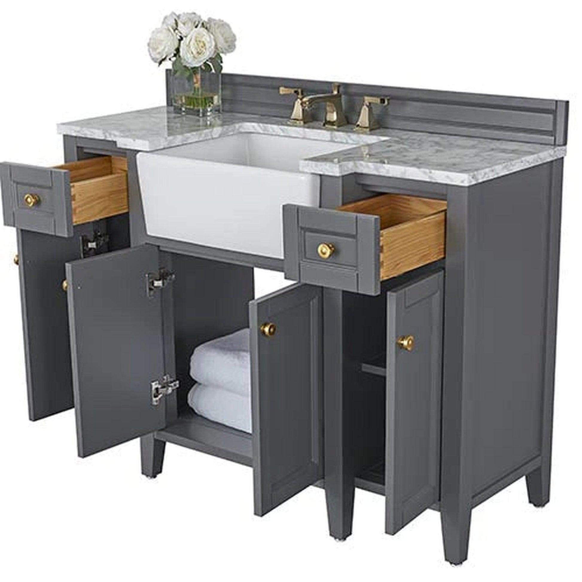 Ancerre Designs Adeline 48" Sapphire Gray 4-Door 2-Drawer Bathroom Vanity With White Marble Vanity Top, White Farmhouse Single Ceramic Sink, 4" Solid Wood Backsplash and Satin Brushed Gold Hardware