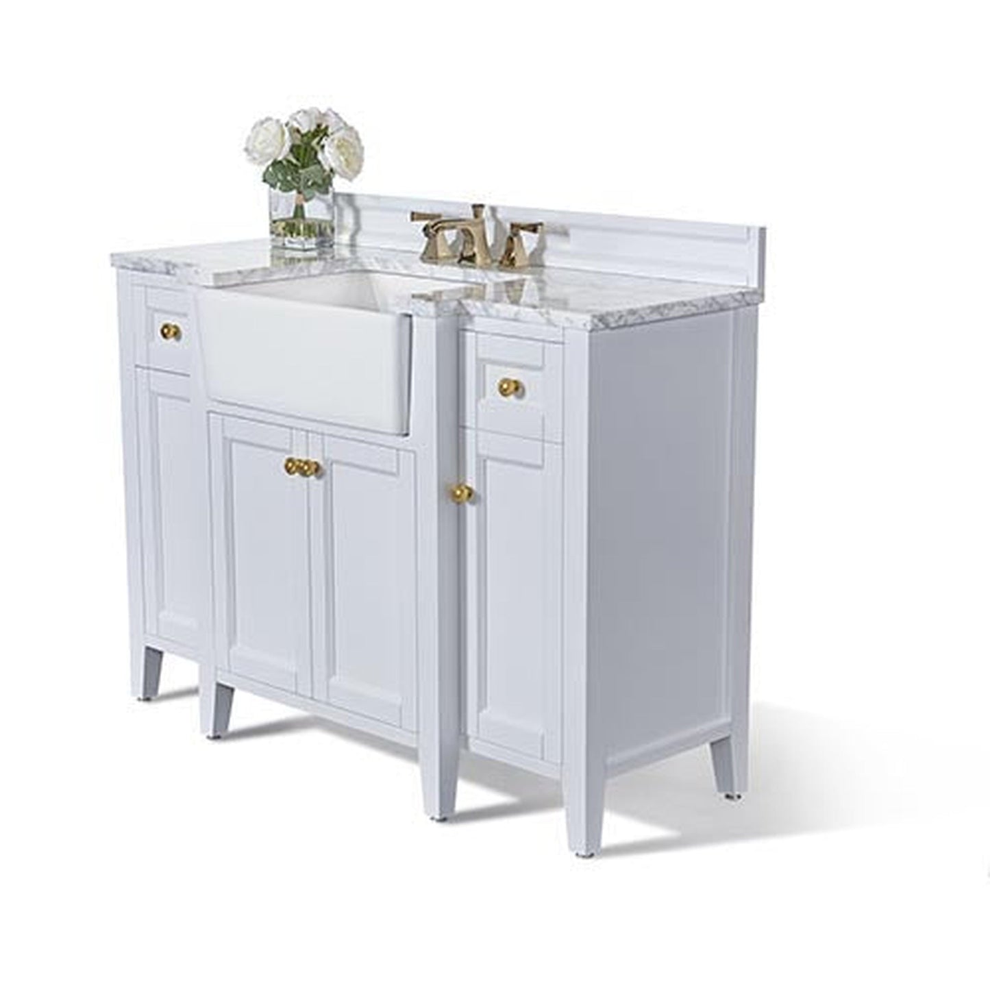 Ancerre Designs Adeline 48" White 4-Door 2-Drawer Bathroom Vanity With White Marble Vanity Top, White Farmhouse Single Ceramic Sink, 4" Solid Wood Backsplash and Satin Brushed Gold Hardware