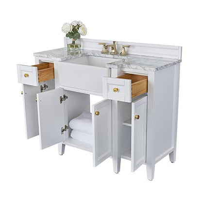 Ancerre Designs Adeline 48" White 4-Door 2-Drawer Bathroom Vanity With White Marble Vanity Top, White Farmhouse Single Ceramic Sink, 4" Solid Wood Backsplash and Satin Brushed Gold Hardware