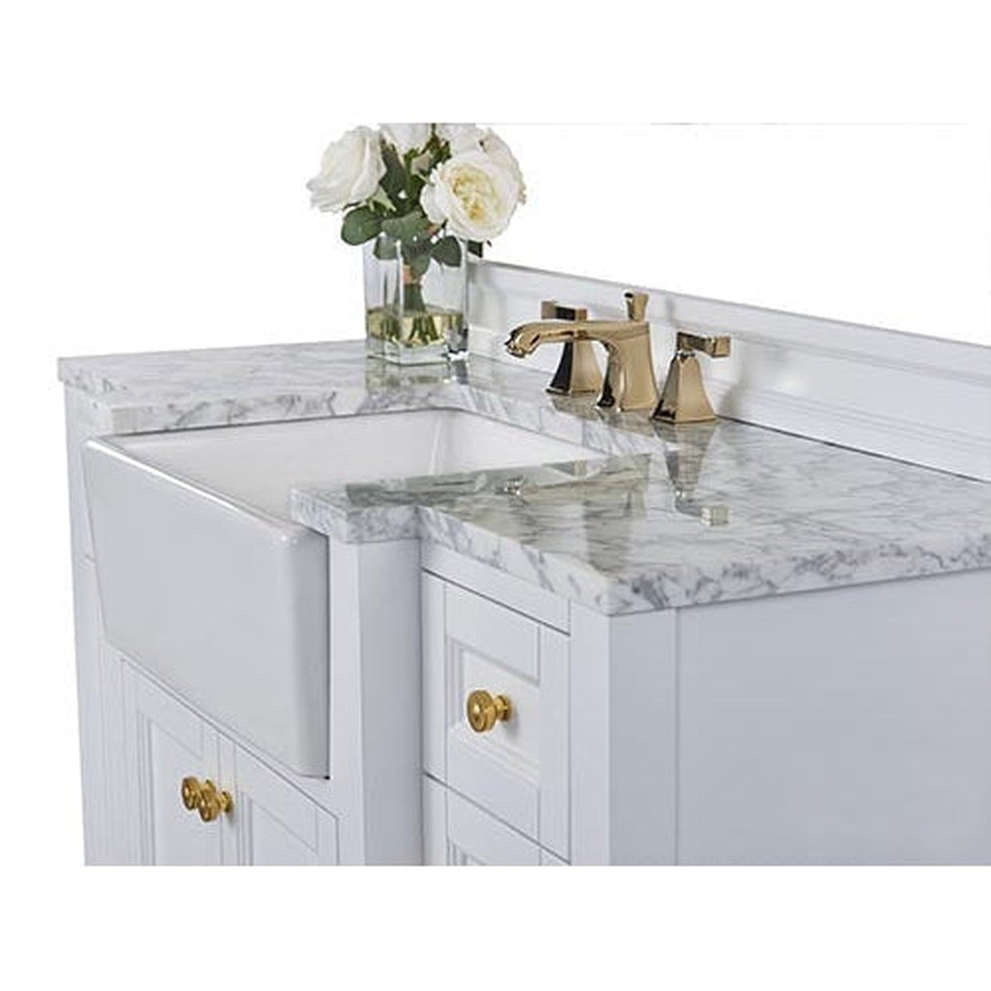 Ancerre Designs Adeline 48" White 4-Door 2-Drawer Bathroom Vanity With White Marble Vanity Top, White Farmhouse Single Ceramic Sink, 4" Solid Wood Backsplash and Satin Brushed Gold Hardware