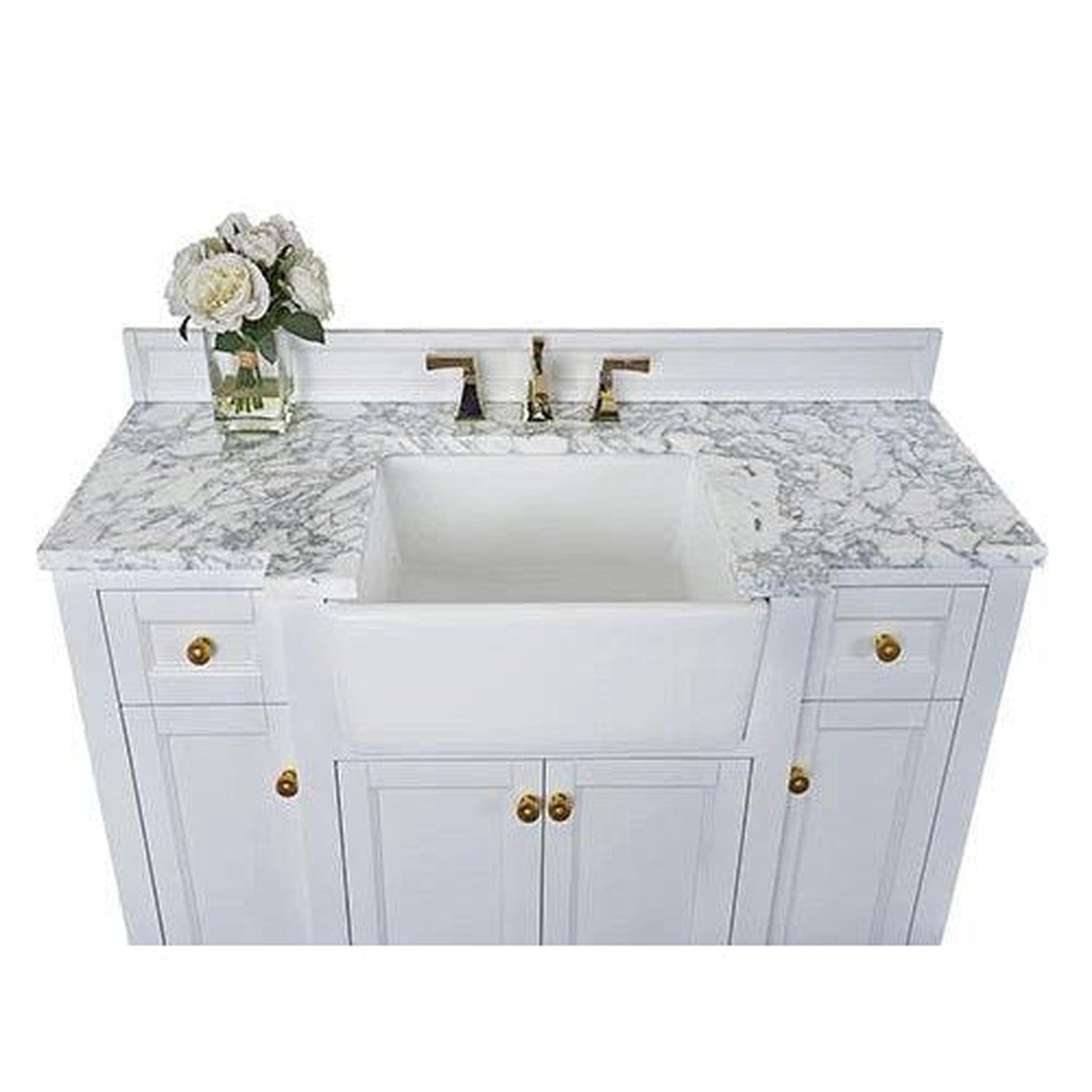 Ancerre Designs Adeline 48" White 4-Door 2-Drawer Bathroom Vanity With White Marble Vanity Top, White Farmhouse Single Ceramic Sink, 4" Solid Wood Backsplash and Satin Brushed Gold Hardware