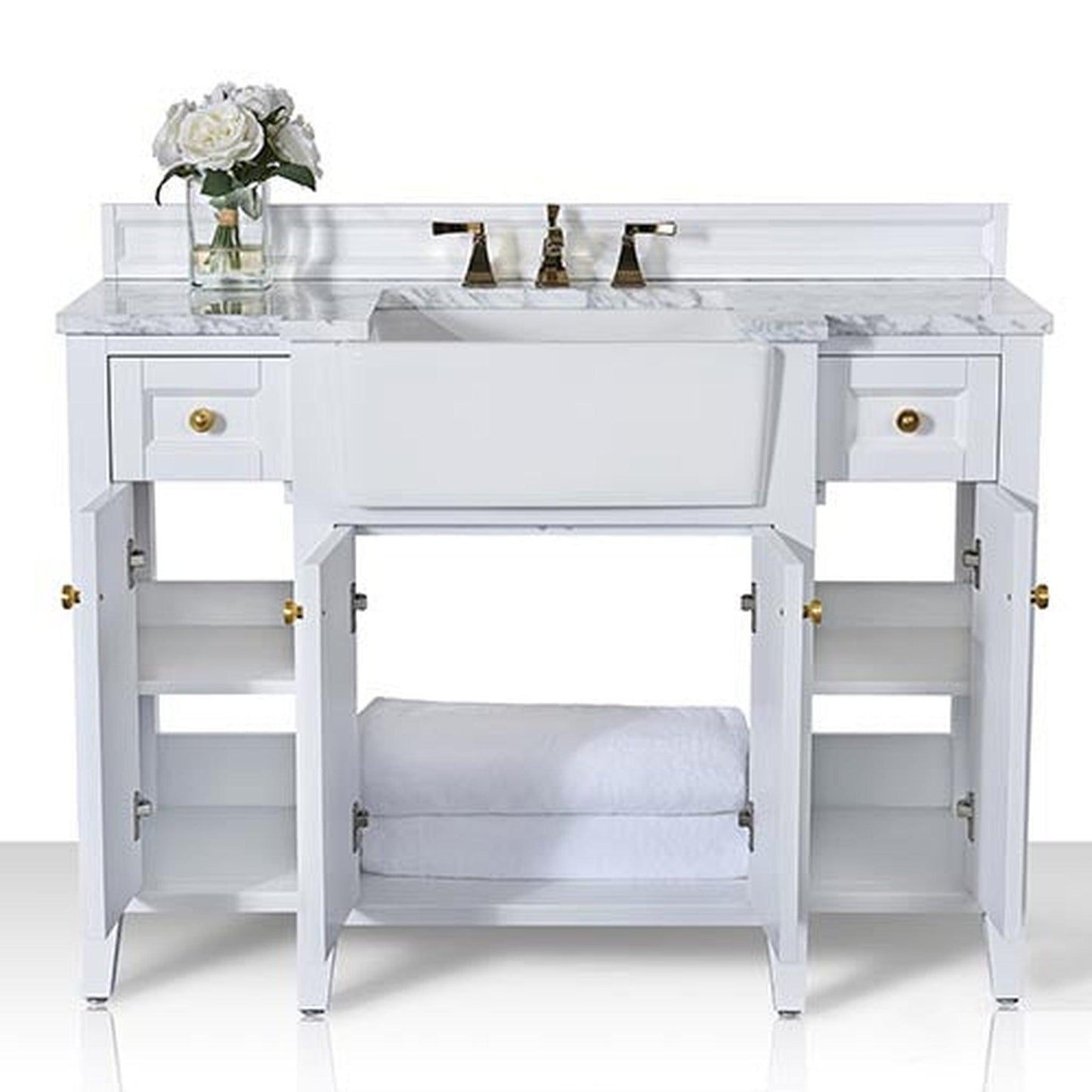 Ancerre Designs Adeline 48" White 4-Door 2-Drawer Bathroom Vanity With White Marble Vanity Top, White Farmhouse Single Ceramic Sink, 4" Solid Wood Backsplash and Satin Brushed Gold Hardware