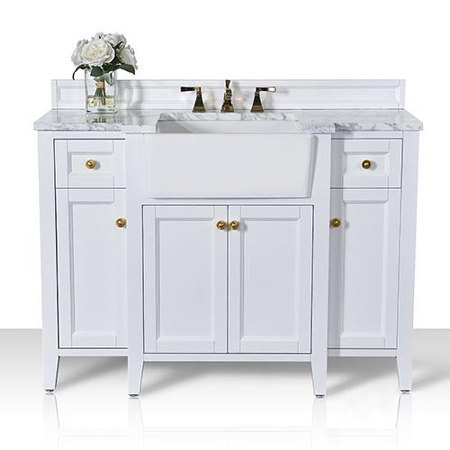 Ancerre Designs Adeline 48" White 4-Door 2-Drawer Bathroom Vanity With White Marble Vanity Top, White Farmhouse Single Ceramic Sink, 4" Solid Wood Backsplash and Satin Brushed Gold Hardware