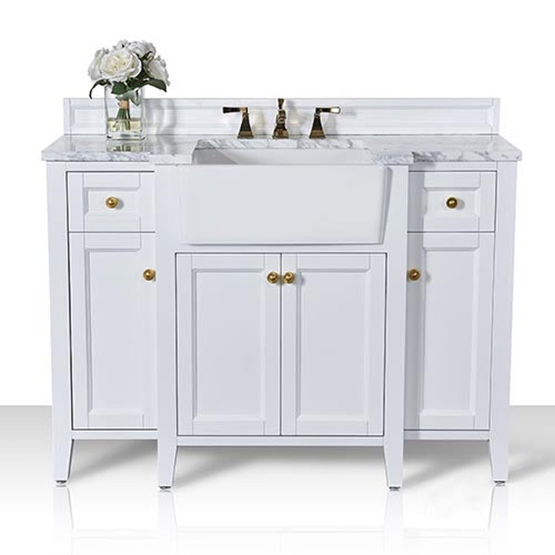 Ancerre Designs Adeline 48" White 4-Door 2-Drawer Bathroom Vanity With White Marble Vanity Top, White Farmhouse Single Ceramic Sink, 4" Solid Wood Backsplash and Satin Brushed Gold Hardware