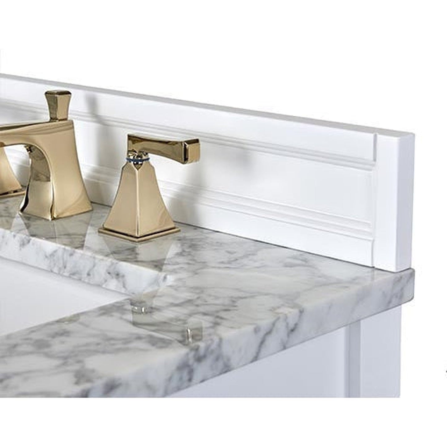 Ancerre Designs Adeline 48" White 4-Door 2-Drawer Bathroom Vanity With White Marble Vanity Top, White Farmhouse Single Ceramic Sink, 4" Solid Wood Backsplash and Satin Brushed Gold Hardware