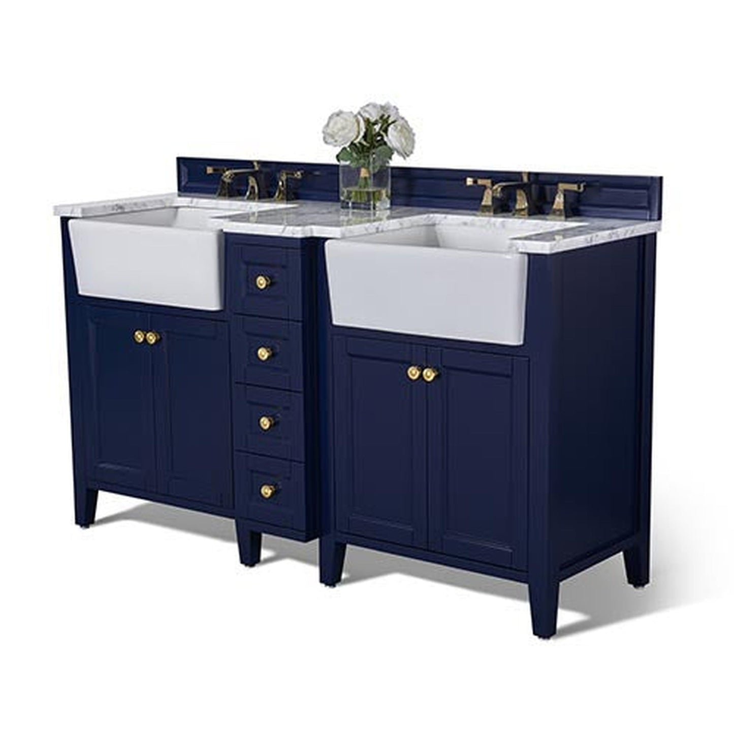 Ancerre Designs Adeline 60" 4-Door 4-Drawer Heritage Blue Bathroom Vanity With White Marble Vanity Top, White Farmhouse Double Ceramic Sinks, 4" Solid Wood Backsplash and Satin Brushed Gold Hardware