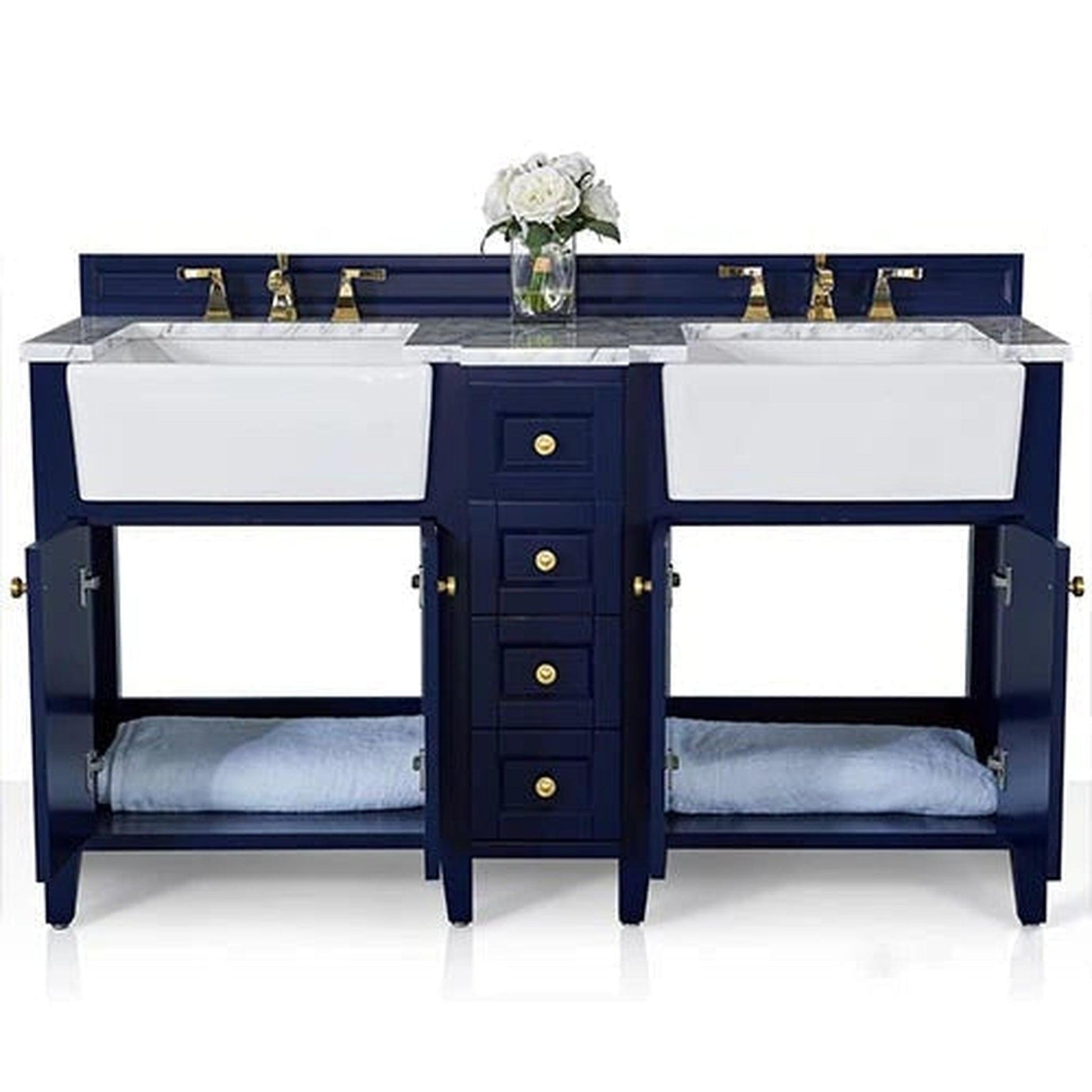 Ancerre Designs Adeline 60" 4-Door 4-Drawer Heritage Blue Bathroom Vanity With White Marble Vanity Top, White Farmhouse Double Ceramic Sinks, 4" Solid Wood Backsplash and Satin Brushed Gold Hardware