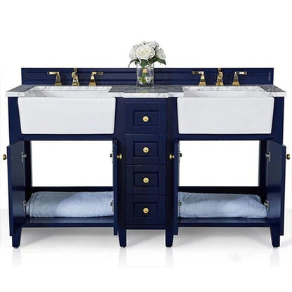 Ancerre Designs Adeline 60" 4-Door 4-Drawer Heritage Blue Bathroom Vanity With White Marble Vanity Top, White Farmhouse Double Ceramic Sinks, 4" Solid Wood Backsplash and Satin Brushed Gold Hardware
