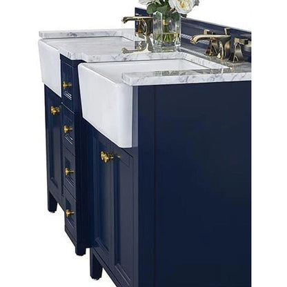 Ancerre Designs Adeline 60" 4-Door 4-Drawer Heritage Blue Bathroom Vanity With White Marble Vanity Top, White Farmhouse Double Ceramic Sinks, 4" Solid Wood Backsplash and Satin Brushed Gold Hardware