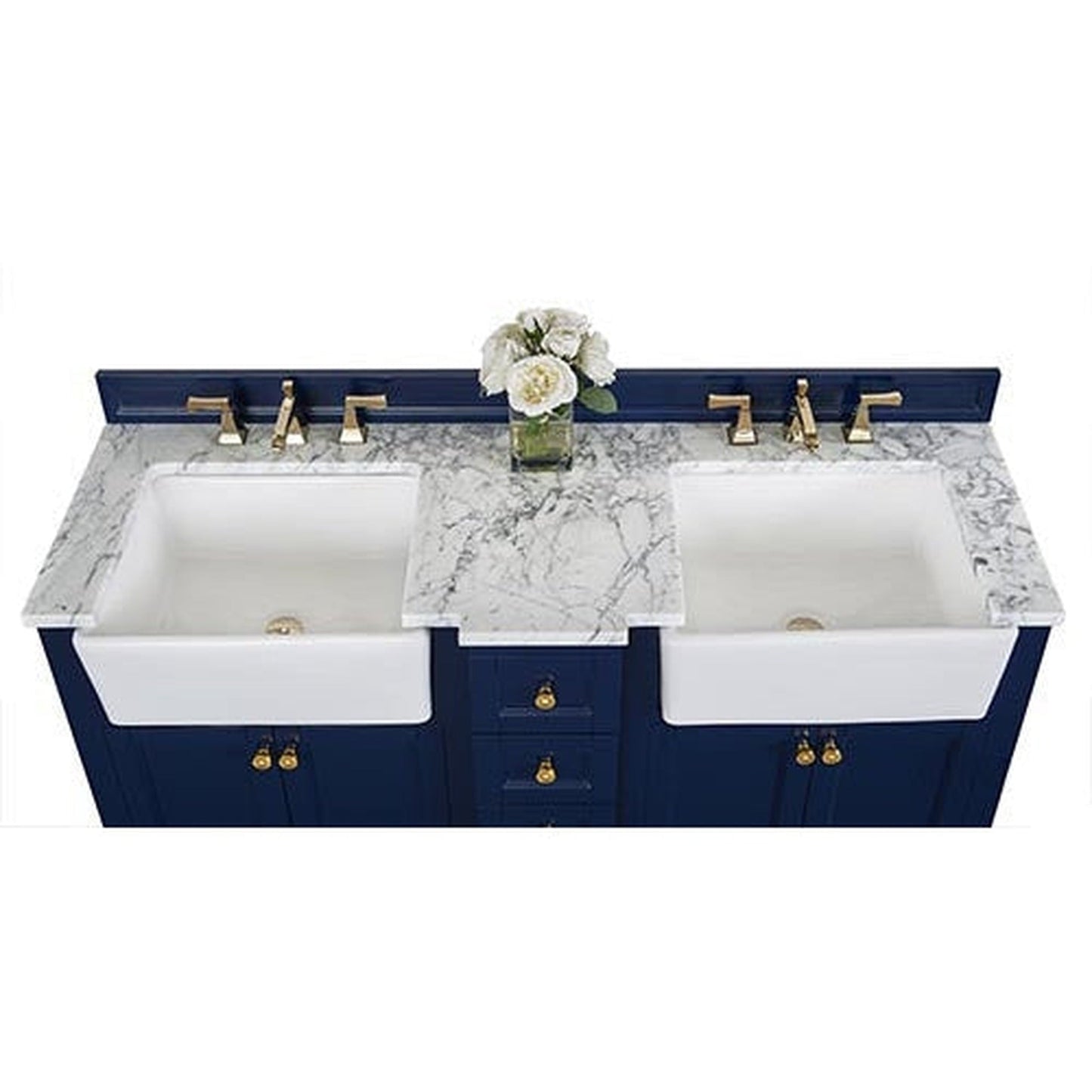 Ancerre Designs Adeline 60" 4-Door 4-Drawer Heritage Blue Bathroom Vanity With White Marble Vanity Top, White Farmhouse Double Ceramic Sinks, 4" Solid Wood Backsplash and Satin Brushed Gold Hardware