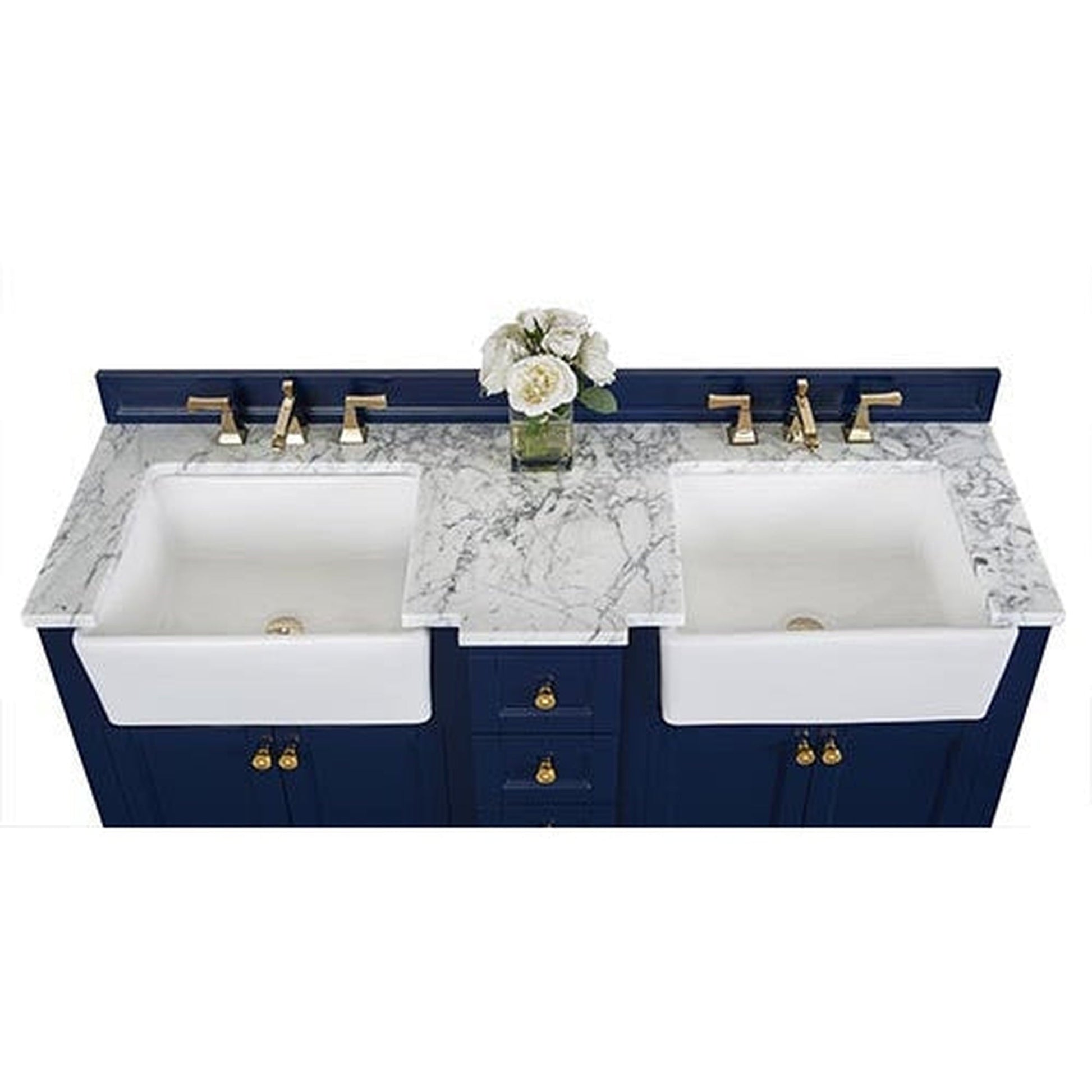 Ancerre Designs Adeline 60" 4-Door 4-Drawer Heritage Blue Bathroom Vanity With White Marble Vanity Top, White Farmhouse Double Ceramic Sinks, 4" Solid Wood Backsplash and Satin Brushed Gold Hardware
