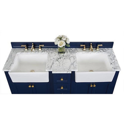 Ancerre Designs Adeline 60" 4-Door 4-Drawer Heritage Blue Bathroom Vanity With White Marble Vanity Top, White Farmhouse Double Ceramic Sinks, 4" Solid Wood Backsplash and Satin Brushed Gold Hardware