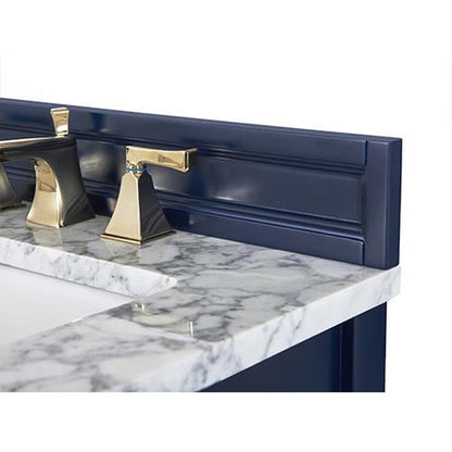 Ancerre Designs Adeline 60" 4-Door 4-Drawer Heritage Blue Bathroom Vanity With White Marble Vanity Top, White Farmhouse Double Ceramic Sinks, 4" Solid Wood Backsplash and Satin Brushed Gold Hardware