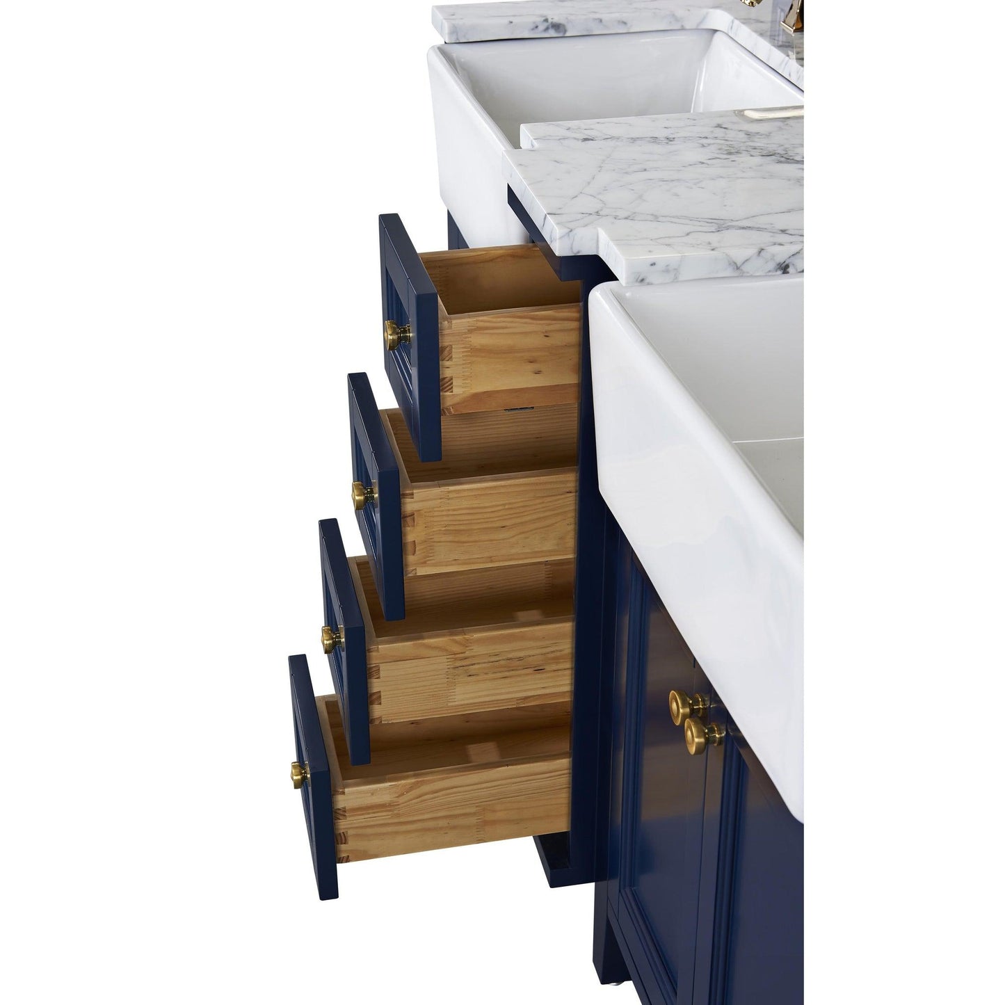 Ancerre Designs Adeline 60" 4-Door 4-Drawer Heritage Blue Bathroom Vanity With White Marble Vanity Top, White Farmhouse Double Ceramic Sinks, 4" Solid Wood Backsplash and Satin Brushed Gold Hardware
