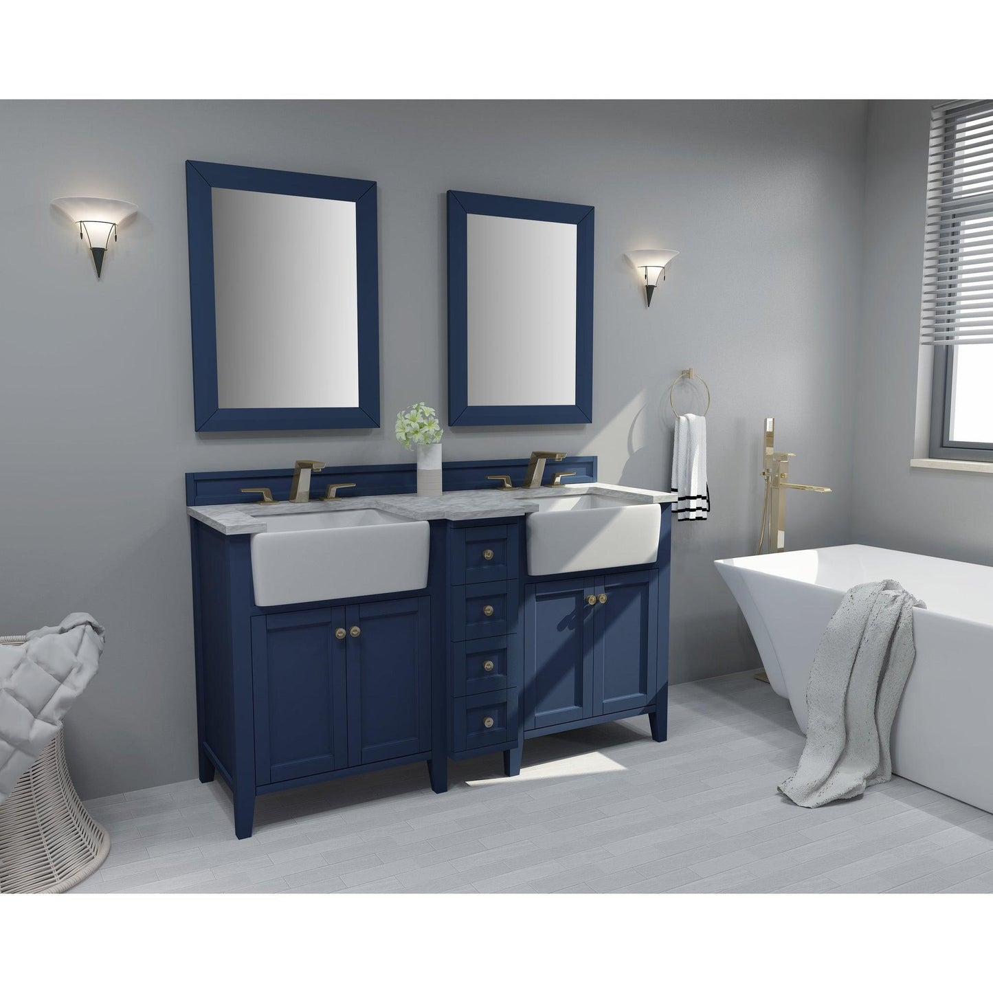 Ancerre Designs Adeline 60" 4-Door 4-Drawer Heritage Blue Bathroom Vanity With White Marble Vanity Top, White Farmhouse Double Ceramic Sinks, 4" Solid Wood Backsplash and Satin Brushed Gold Hardware