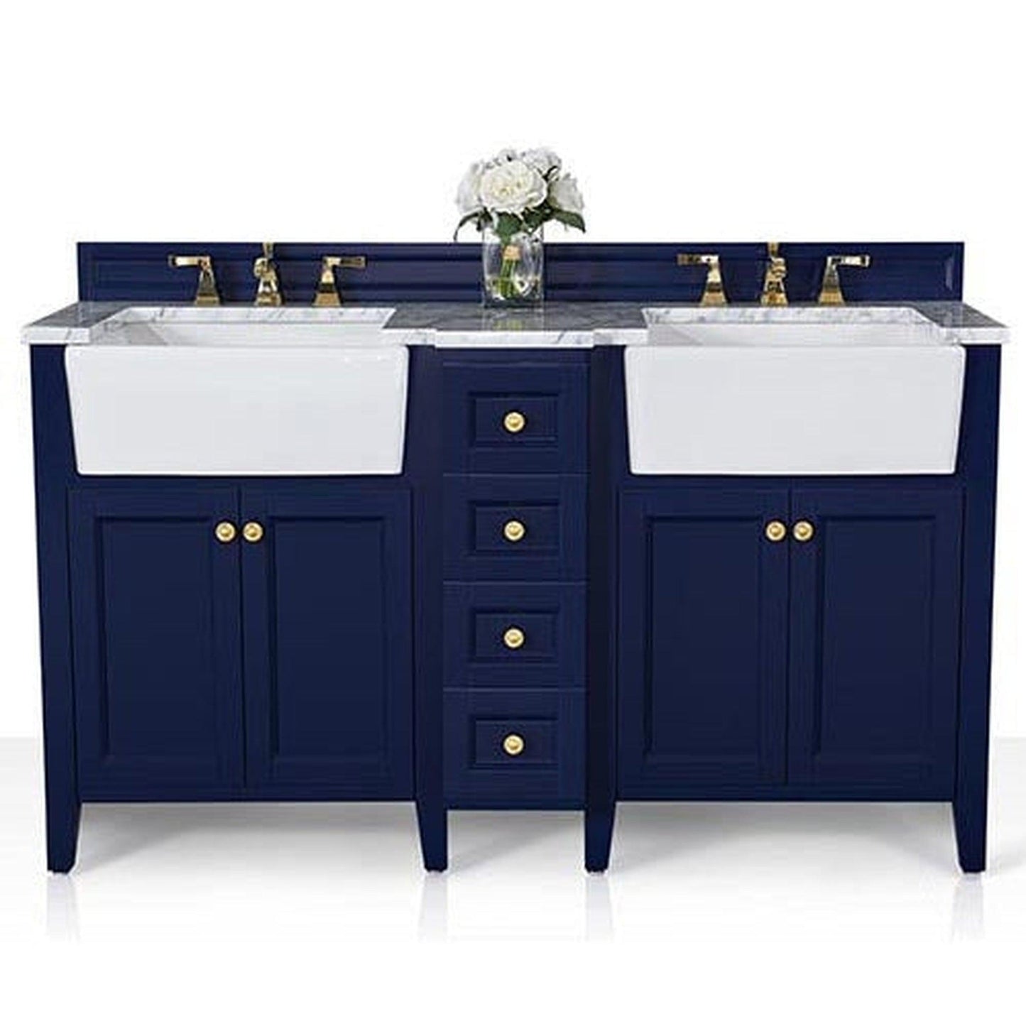 Ancerre Designs Adeline 60" 4-Door 4-Drawer Heritage Blue Bathroom Vanity With White Marble Vanity Top, White Farmhouse Double Ceramic Sinks, 4" Solid Wood Backsplash and Satin Brushed Gold Hardware