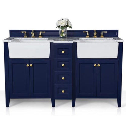 Ancerre Designs Adeline 60" 4-Door 4-Drawer Heritage Blue Bathroom Vanity With White Marble Vanity Top, White Farmhouse Double Ceramic Sinks, 4" Solid Wood Backsplash and Satin Brushed Gold Hardware