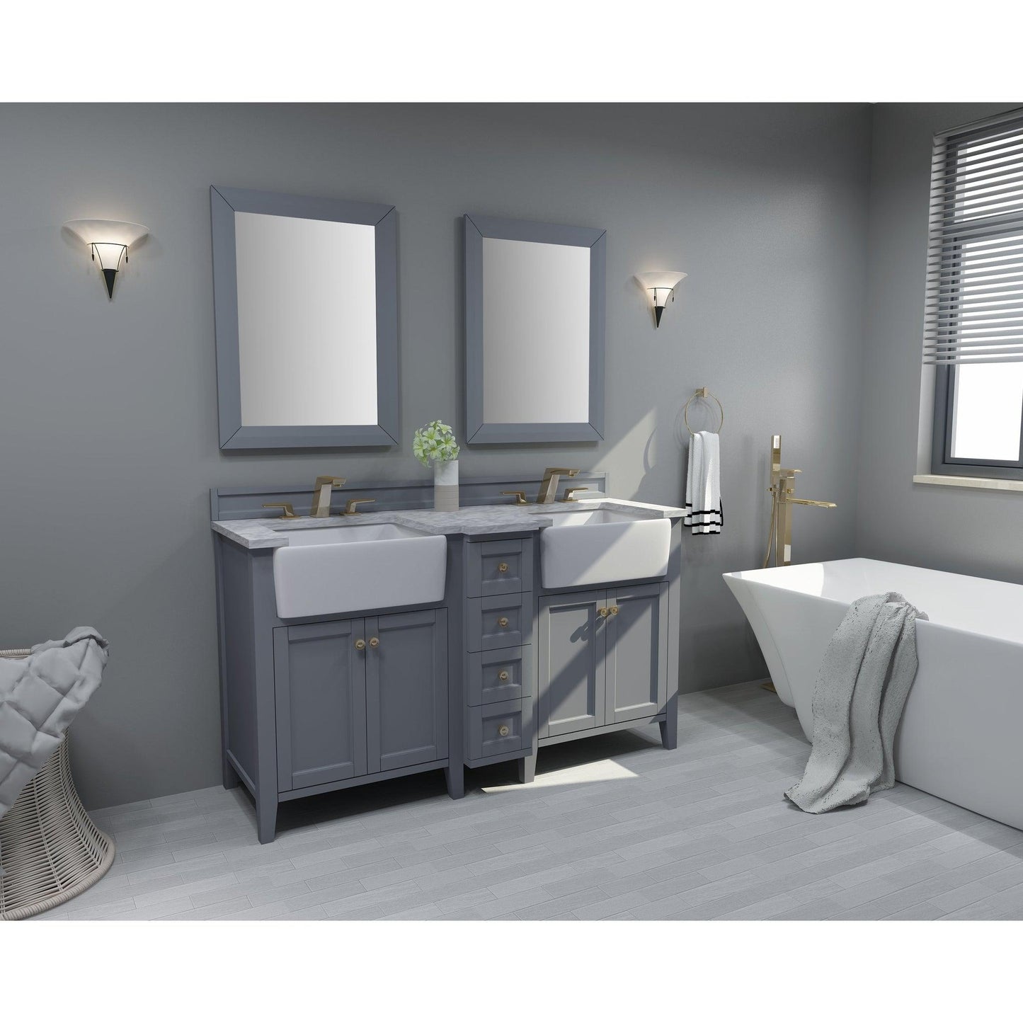 Ancerre Designs Adeline 60" Sapphire Gray 4-Door 4-Drawer Bathroom Vanity With White Marble Vanity Top, White Farmhouse Double Ceramic Sinks, 4" Solid Wood Backsplash and Satin Brushed Gold Hardware