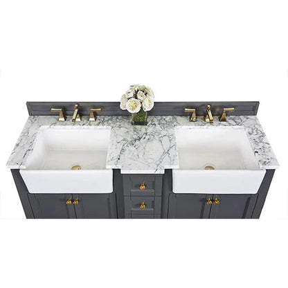 Ancerre Designs Adeline 60" Sapphire Gray 4-Door 4-Drawer Bathroom Vanity With White Marble Vanity Top, White Farmhouse Double Ceramic Sinks, 4" Solid Wood Backsplash and Satin Brushed Gold Hardware