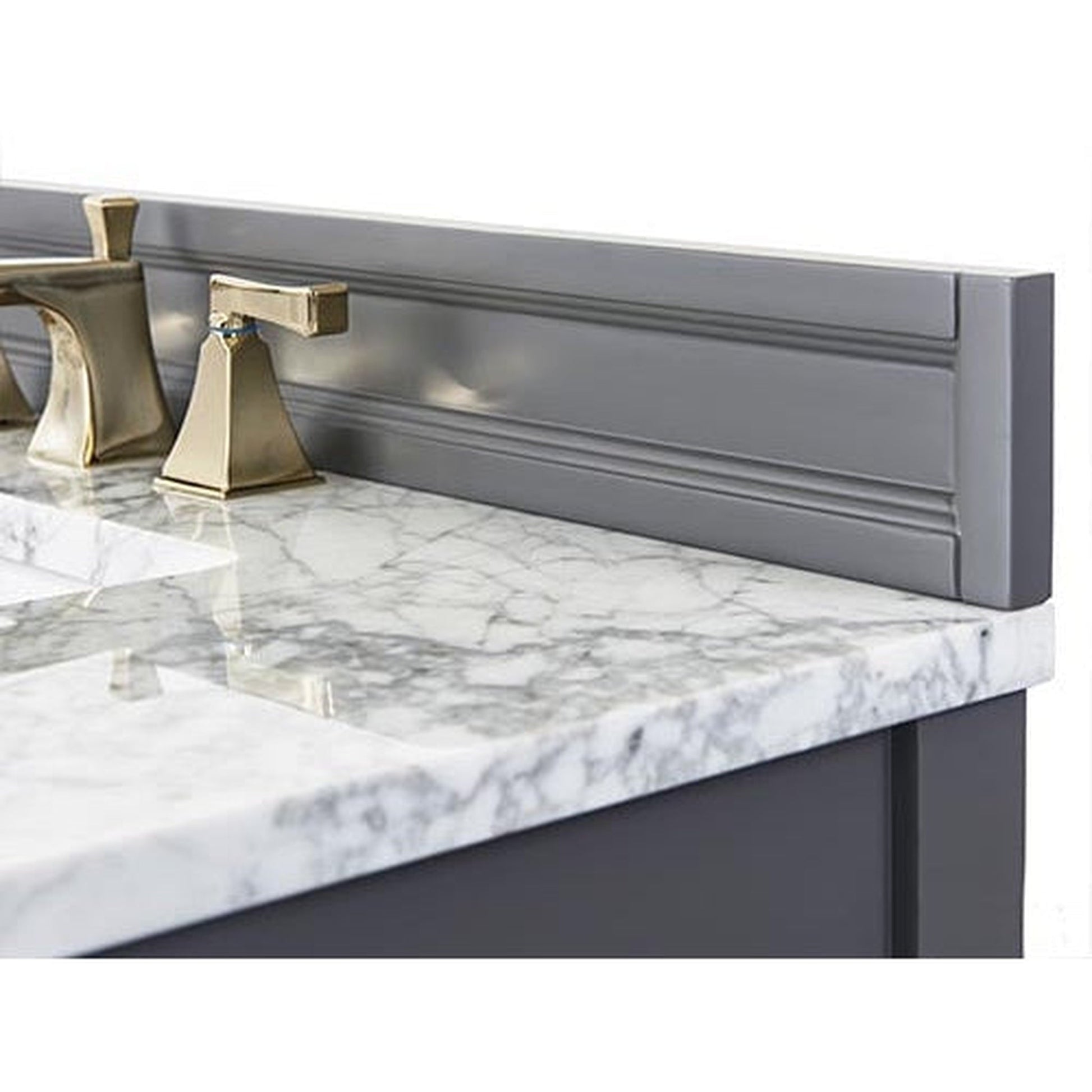 Ancerre Designs Adeline 60" Sapphire Gray 4-Door 4-Drawer Bathroom Vanity With White Marble Vanity Top, White Farmhouse Double Ceramic Sinks, 4" Solid Wood Backsplash and Satin Brushed Gold Hardware