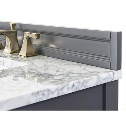 Ancerre Designs Adeline 60" Sapphire Gray 4-Door 4-Drawer Bathroom Vanity With White Marble Vanity Top, White Farmhouse Double Ceramic Sinks, 4" Solid Wood Backsplash and Satin Brushed Gold Hardware