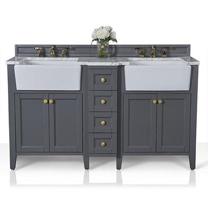 Ancerre Designs Adeline 60" Sapphire Gray 4-Door 4-Drawer Bathroom Vanity With White Marble Vanity Top, White Farmhouse Double Ceramic Sinks, 4" Solid Wood Backsplash and Satin Brushed Gold Hardware