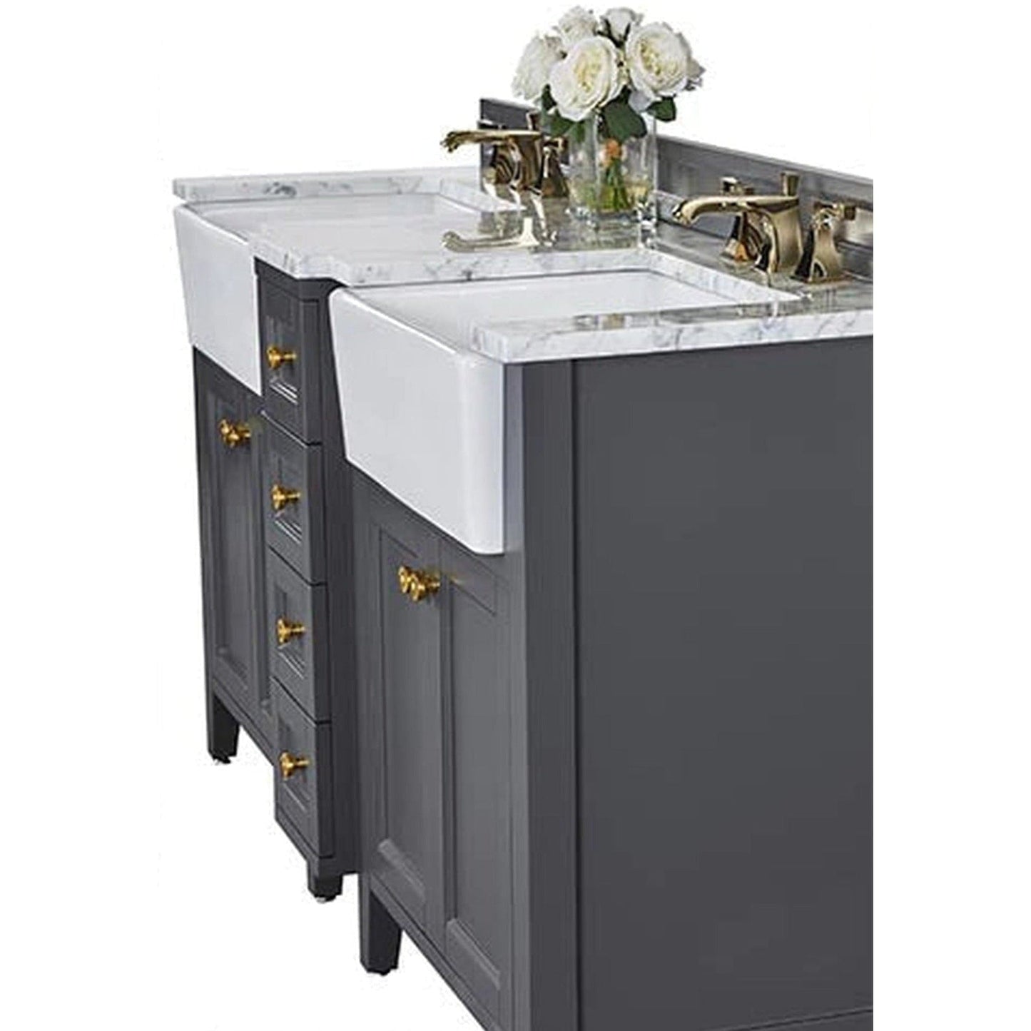 Ancerre Designs Adeline 60" Sapphire Gray 4-Door 4-Drawer Bathroom Vanity With White Marble Vanity Top, White Farmhouse Double Ceramic Sinks, 4" Solid Wood Backsplash and Satin Brushed Gold Hardware