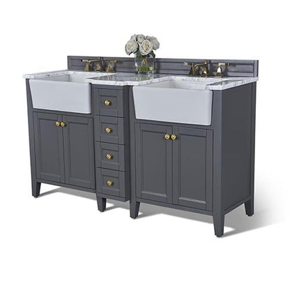 Ancerre Designs Adeline 60" Sapphire Gray 4-Door 4-Drawer Bathroom Vanity With White Marble Vanity Top, White Farmhouse Double Ceramic Sinks, 4" Solid Wood Backsplash and Satin Brushed Gold Hardware