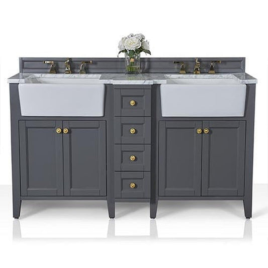Ancerre Designs Adeline 60" Sapphire Gray 4-Door 4-Drawer Bathroom Vanity With White Marble Vanity Top, White Farmhouse Double Ceramic Sinks, 4" Solid Wood Backsplash and Satin Brushed Gold Hardware