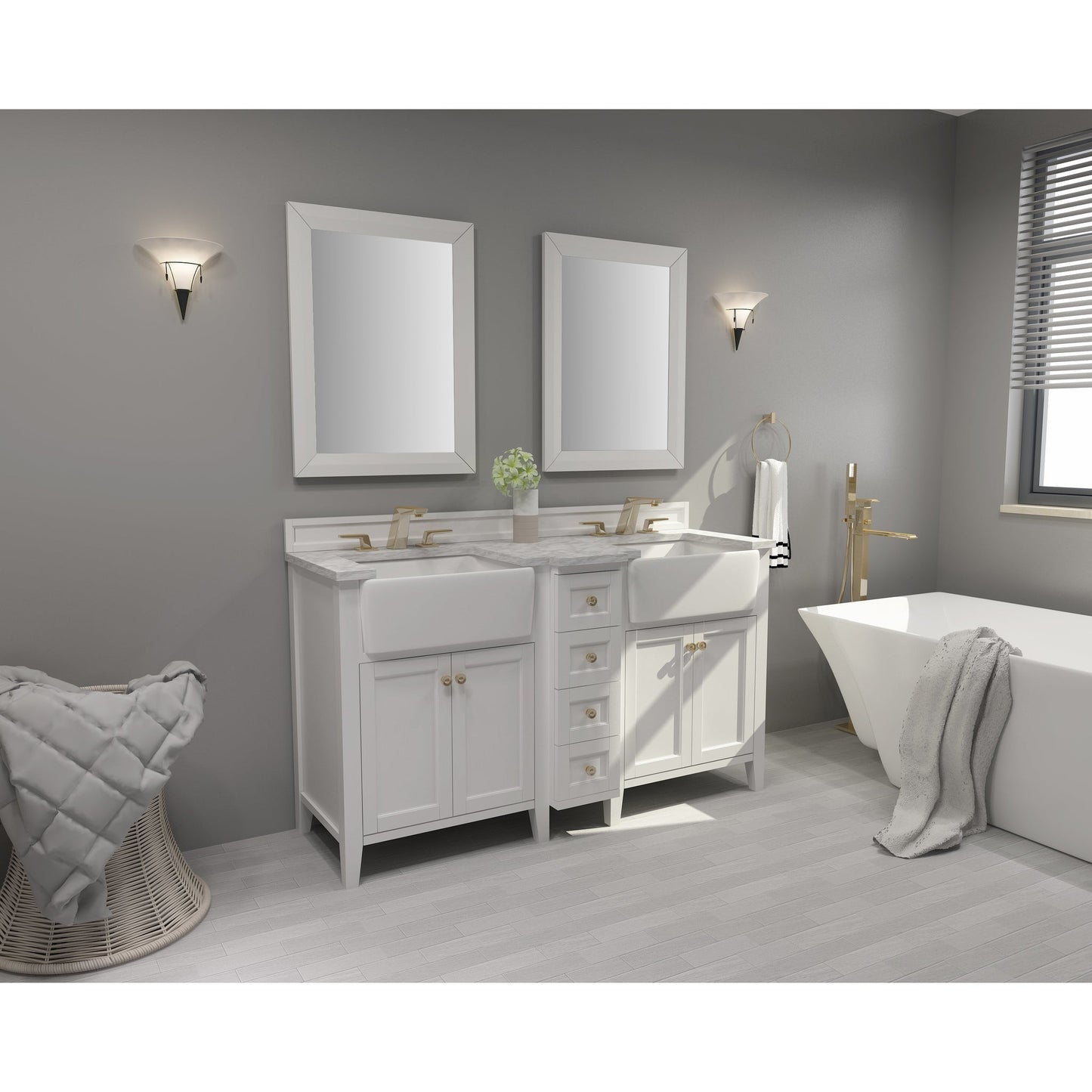 Ancerre Designs Adeline 60" White 4-Door 4-Drawer Bathroom Vanity With White Marble Vanity Top, White Farmhouse Double Ceramic Sinks, 4" Solid Wood Backsplash and Satin Brushed Gold Hardware