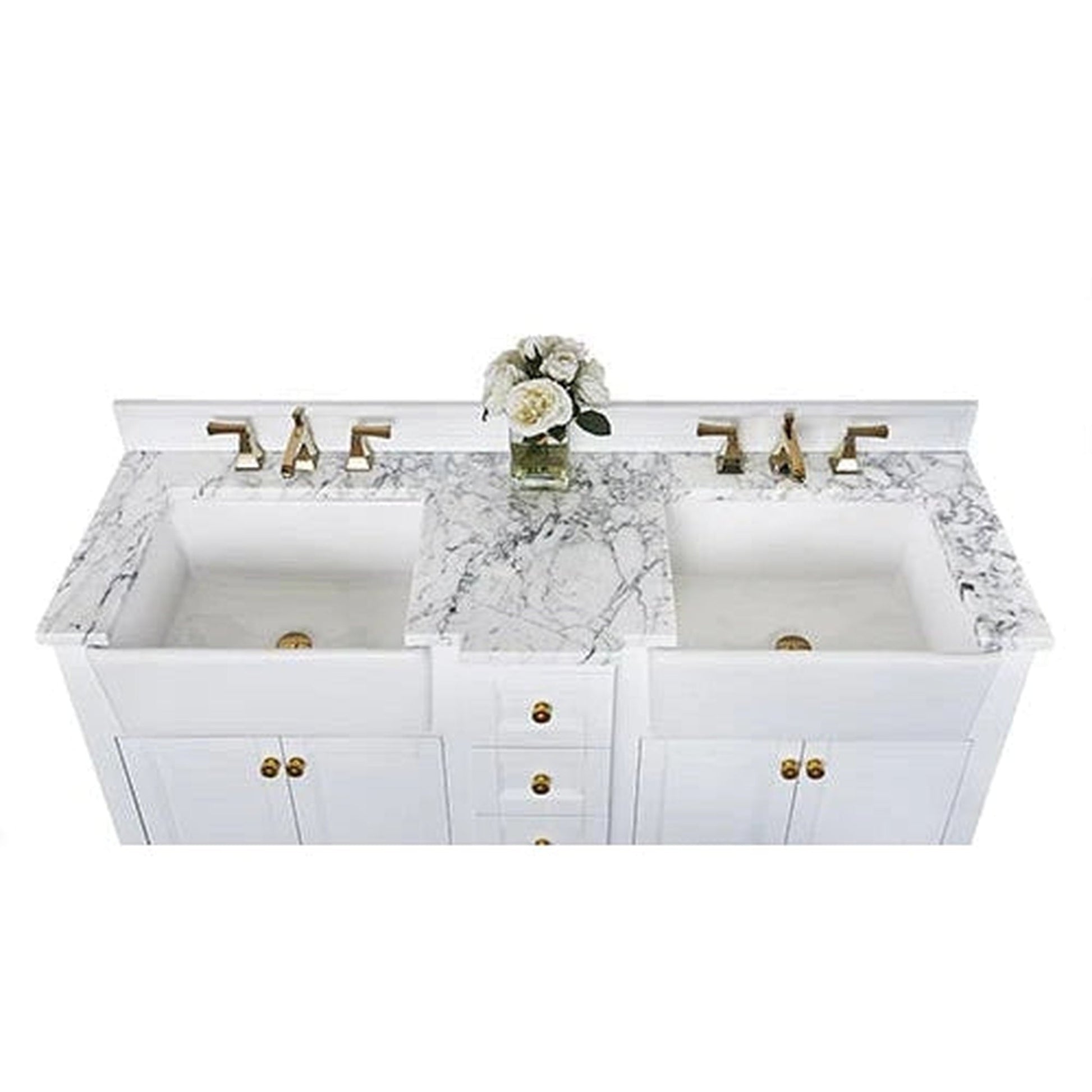 Ancerre Designs Adeline 60" White 4-Door 4-Drawer Bathroom Vanity With White Marble Vanity Top, White Farmhouse Double Ceramic Sinks, 4" Solid Wood Backsplash and Satin Brushed Gold Hardware