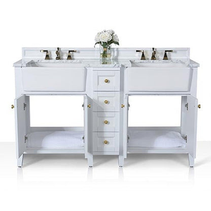 Ancerre Designs Adeline 60" White 4-Door 4-Drawer Bathroom Vanity With White Marble Vanity Top, White Farmhouse Double Ceramic Sinks, 4" Solid Wood Backsplash and Satin Brushed Gold Hardware