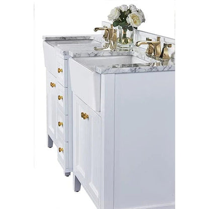 Ancerre Designs Adeline 60" White 4-Door 4-Drawer Bathroom Vanity With White Marble Vanity Top, White Farmhouse Double Ceramic Sinks, 4" Solid Wood Backsplash and Satin Brushed Gold Hardware