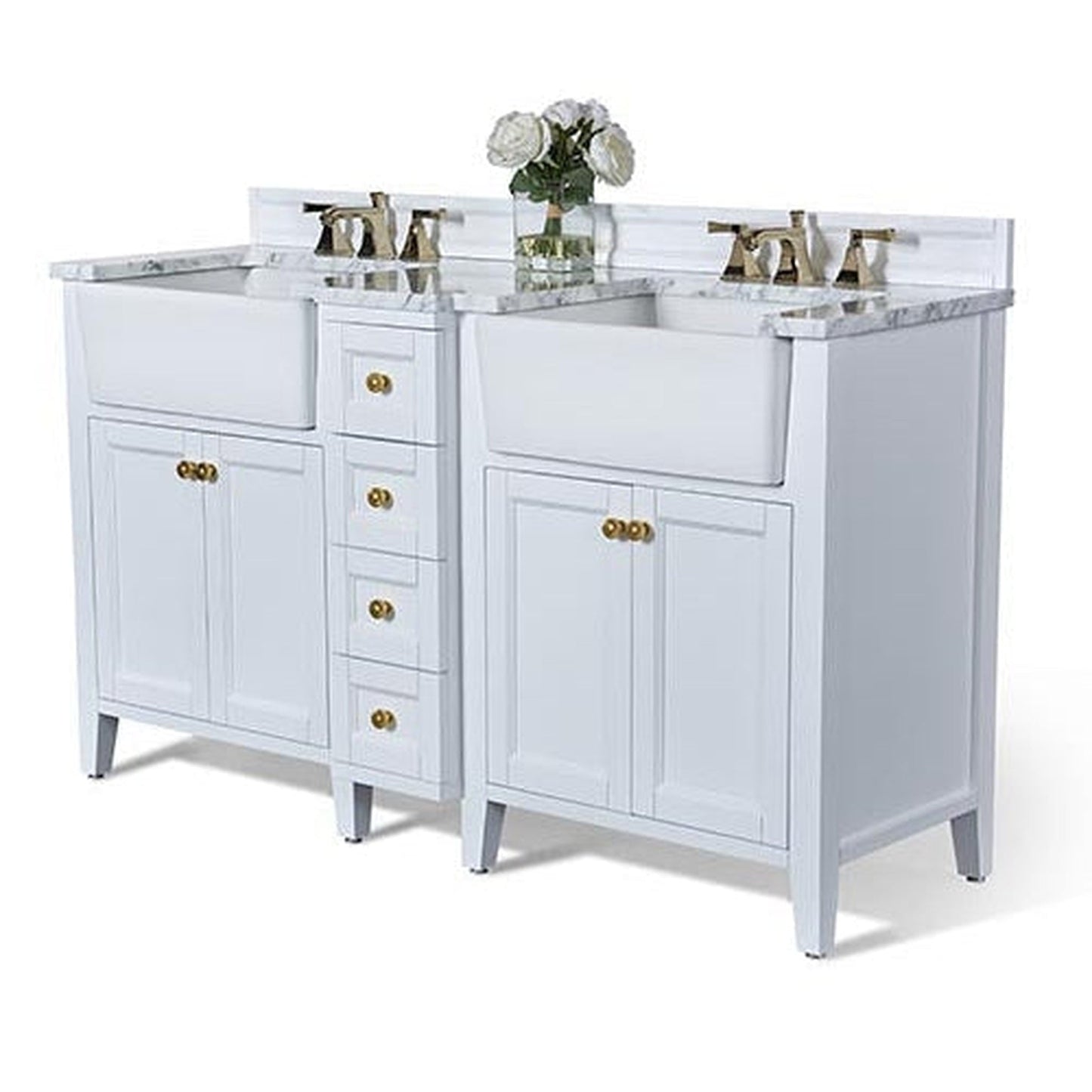 Ancerre Designs Adeline 60" White 4-Door 4-Drawer Bathroom Vanity With White Marble Vanity Top, White Farmhouse Double Ceramic Sinks, 4" Solid Wood Backsplash and Satin Brushed Gold Hardware