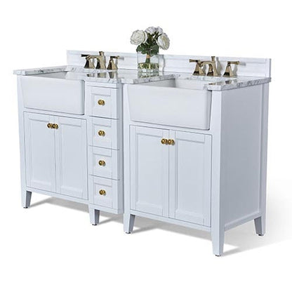 Ancerre Designs Adeline 60" White 4-Door 4-Drawer Bathroom Vanity With White Marble Vanity Top, White Farmhouse Double Ceramic Sinks, 4" Solid Wood Backsplash and Satin Brushed Gold Hardware