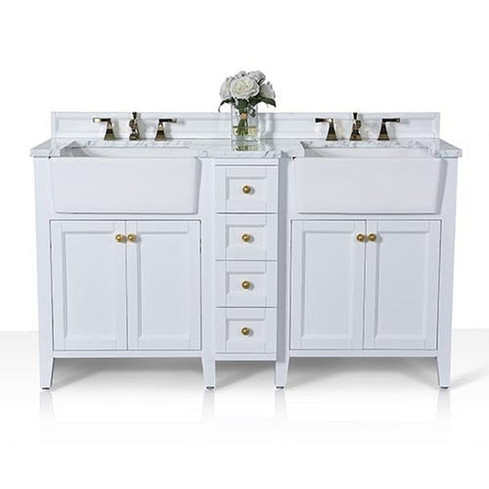 Ancerre Designs Adeline 60" White 4-Door 4-Drawer Bathroom Vanity With White Marble Vanity Top, White Farmhouse Double Ceramic Sinks, 4" Solid Wood Backsplash and Satin Brushed Gold Hardware