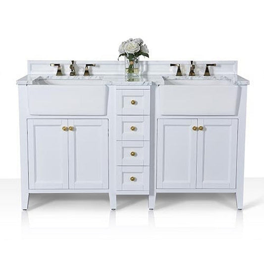Ancerre Designs Adeline 60" White 4-Door 4-Drawer Bathroom Vanity With White Marble Vanity Top, White Farmhouse Double Ceramic Sinks, 4" Solid Wood Backsplash and Satin Brushed Gold Hardware