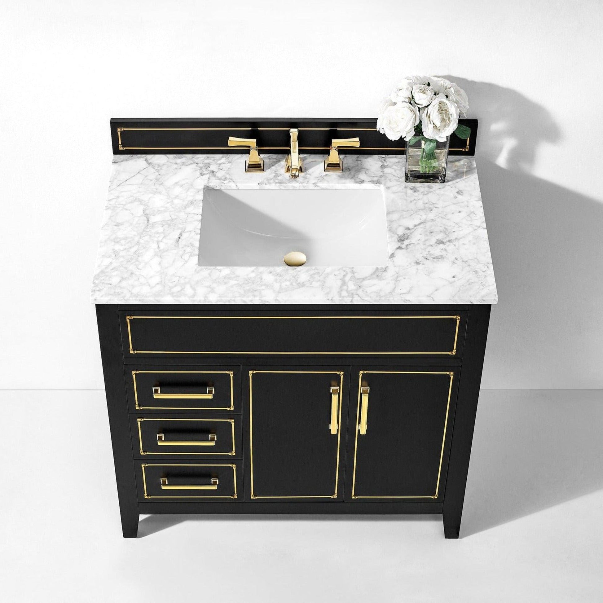 Ancerre Designs Aspen 36" Black Onyx 2-Door 3-Drawer Bathroom Vanity With White Marble Vanity Top, Single Undermount Ceramic Sink, 4" Solid Wood Backsplash and Satin Brushed Gold Hardware