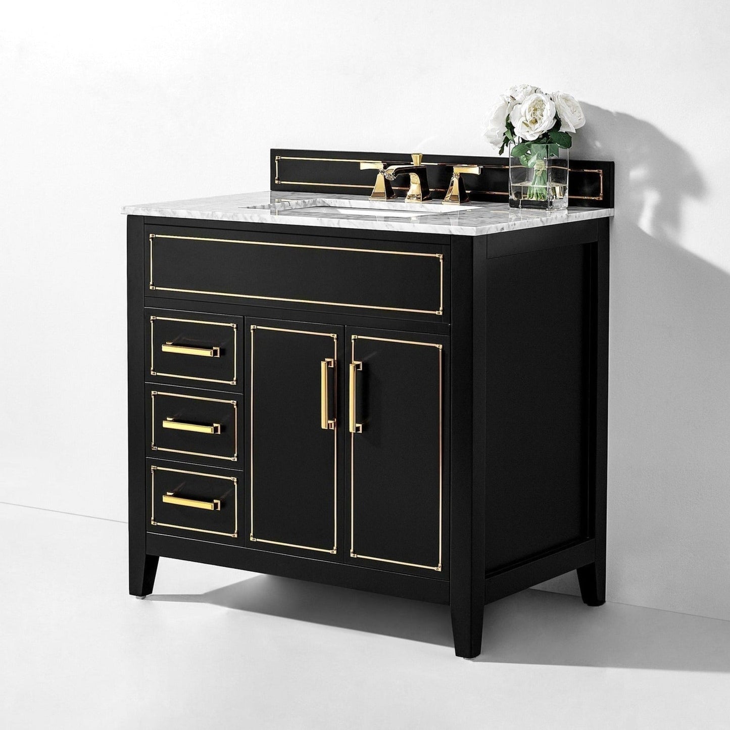 Ancerre Designs Aspen 36" Black Onyx 2-Door 3-Drawer Bathroom Vanity With White Marble Vanity Top, Single Undermount Ceramic Sink, 4" Solid Wood Backsplash and Satin Brushed Gold Hardware