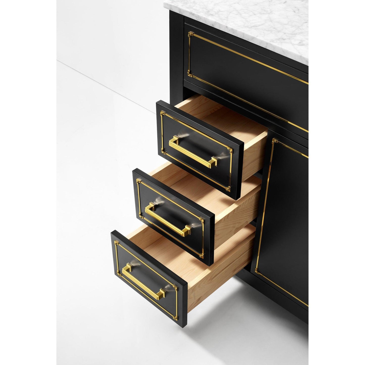 Ancerre Designs Aspen 36" Black Onyx 2-Door 3-Drawer Bathroom Vanity With White Marble Vanity Top, Single Undermount Ceramic Sink, 4" Solid Wood Backsplash and Satin Brushed Gold Hardware