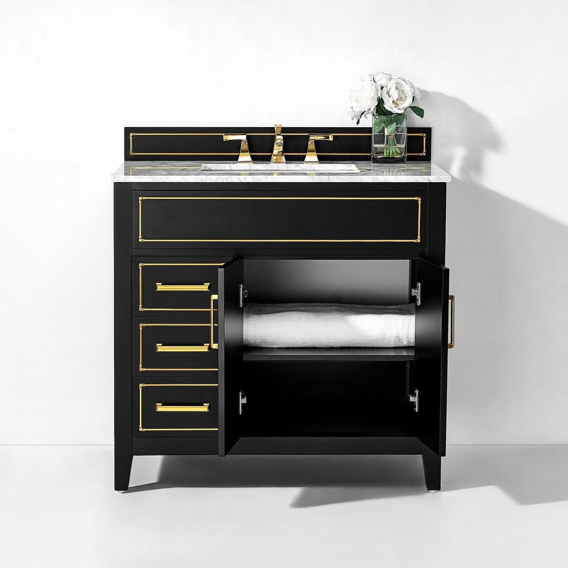 Ancerre Designs Aspen 36" Black Onyx 2-Door 3-Drawer Bathroom Vanity With White Marble Vanity Top, Single Undermount Ceramic Sink, 4" Solid Wood Backsplash and Satin Brushed Gold Hardware