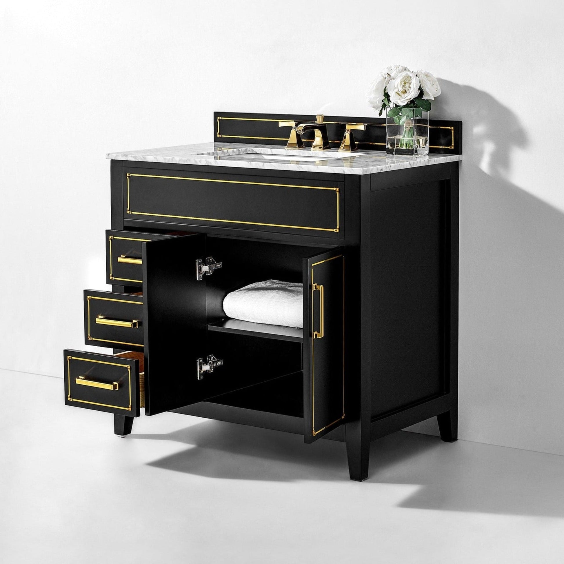 Ancerre Designs Aspen 36" Black Onyx 2-Door 3-Drawer Bathroom Vanity With White Marble Vanity Top, Single Undermount Ceramic Sink, 4" Solid Wood Backsplash and Satin Brushed Gold Hardware