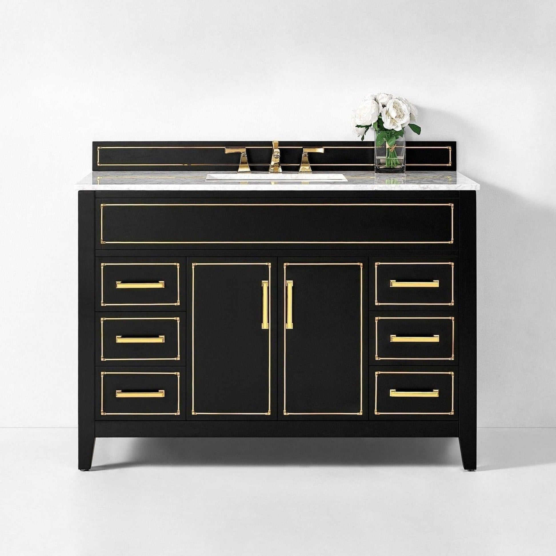 Ancerre Designs Aspen 48" 2-Door 6-Drawer Black Onyx Bathroom Vanity With White Marble Vanity Top, Single Undermount Ceramic Sink, 4" Solid Wood Backsplash and Satin Brushed Gold Hardware