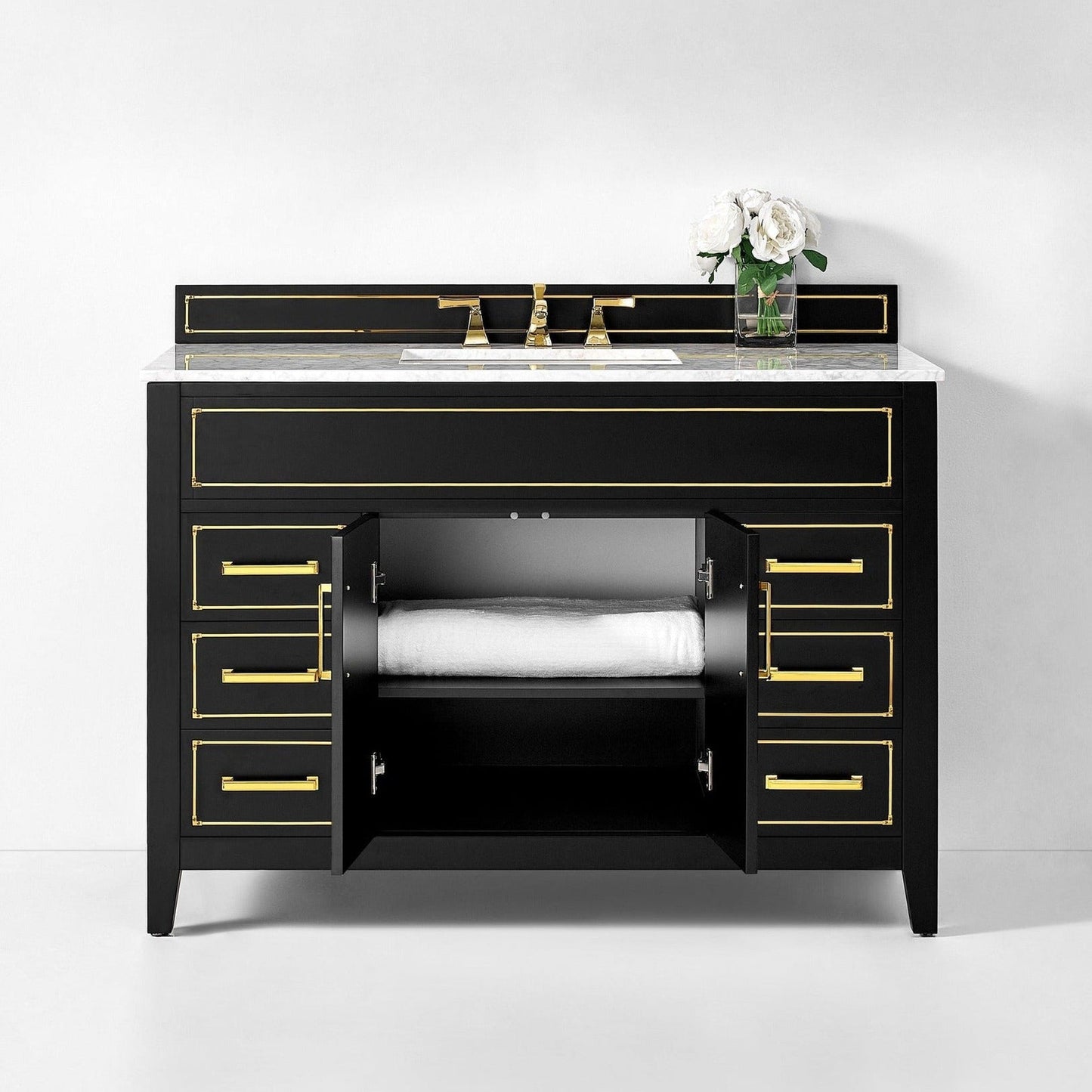 Ancerre Designs Aspen 48" 2-Door 6-Drawer Black Onyx Bathroom Vanity With White Marble Vanity Top, Single Undermount Ceramic Sink, 4" Solid Wood Backsplash and Satin Brushed Gold Hardware