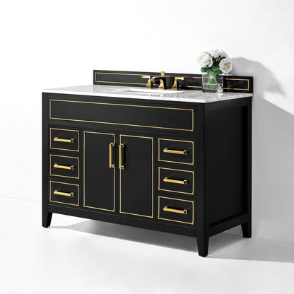 Ancerre Designs Aspen 48" 2-Door 6-Drawer Black Onyx Bathroom Vanity With White Marble Vanity Top, Single Undermount Ceramic Sink, 4" Solid Wood Backsplash and Satin Brushed Gold Hardware